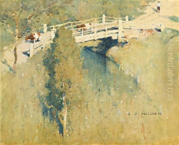 Bridge With Cattle Crossing Oil Painting by Jesse Jewhurst Hilder