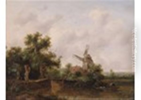 Figures In A Punt On A River, A Windmill Beyond Oil Painting by Richard H. Hilder