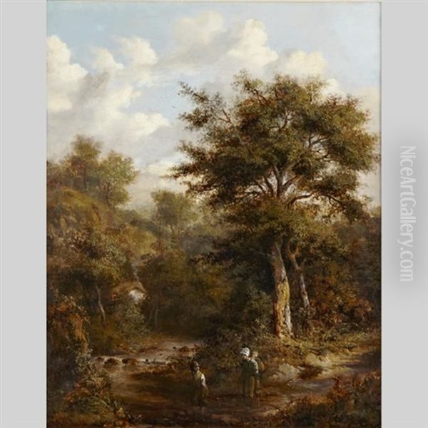 Children Crossing A Stream Oil Painting by Richard H. Hilder