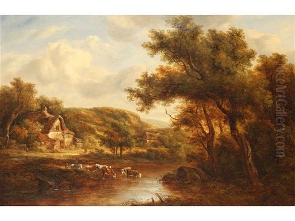 Cattle Watering Beside A Cottage In A Wooded Landscape by Richard H. Hilder