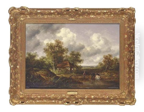 A Wooded Landscape With A Woodsman Watering Cattle At A Pond Oil Painting by Richard H. Hilder