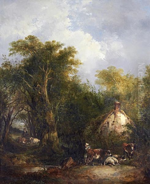 Figures By A Country Cottage Oil Painting by Richard H. Hilder