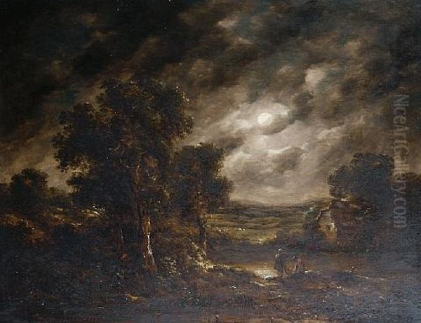 Fishermen Checking Their Nets By Moonlight Oil Painting by Richard H. Hilder