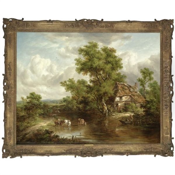 A Cottage With Figures And Livestock By A River, Surrey Oil Painting by Richard H. Hilder