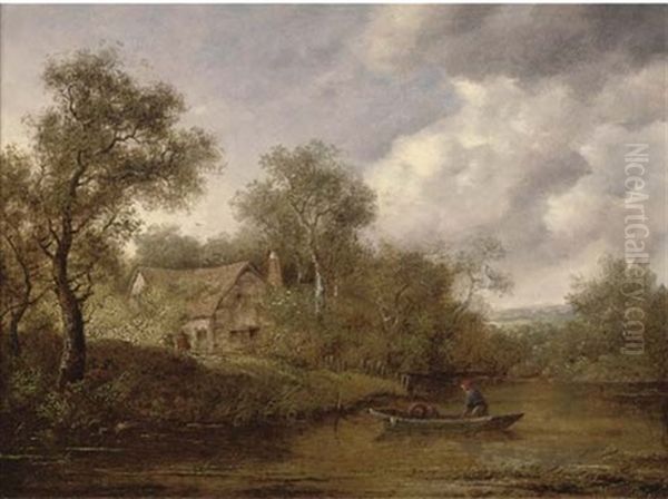 A Fisherman In A Rowing Boat On A River, A Cottage Beyond Oil Painting by Richard H. Hilder