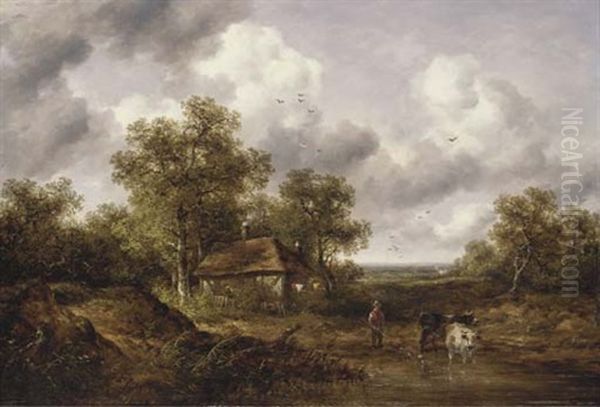 Cattle And A Herder In A Landscape, With A Cottage Beyond Oil Painting by Richard H. Hilder