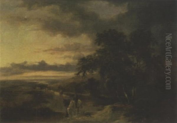 Extensive Country Landscape At Dusk With Figure And Horses In The Foreground Oil Painting by Richard H. Hilder