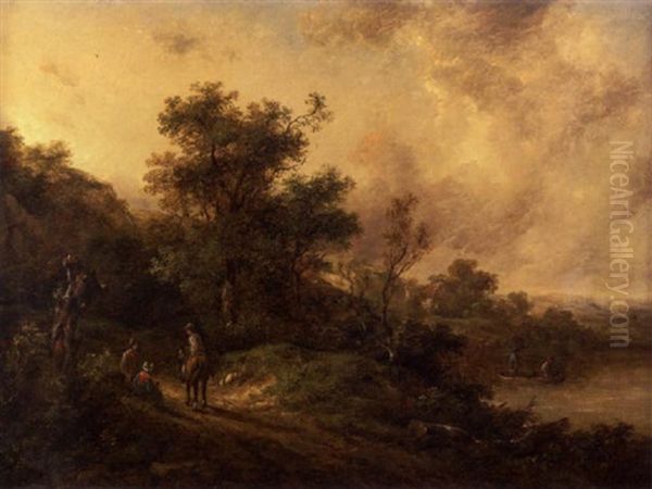 A Wooded River Landscape With Figures On A Country Path Oil Painting by Richard H. Hilder