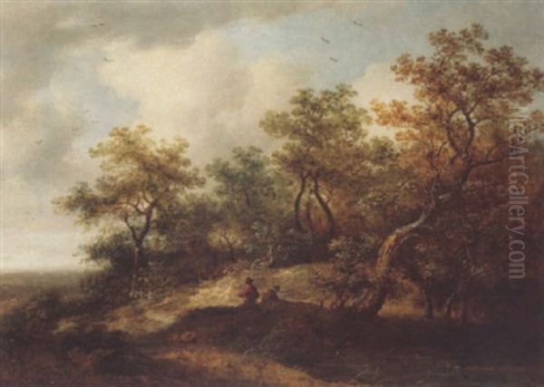 Woodland Landscape With Pond And Figures Oil Painting by Richard H. Hilder