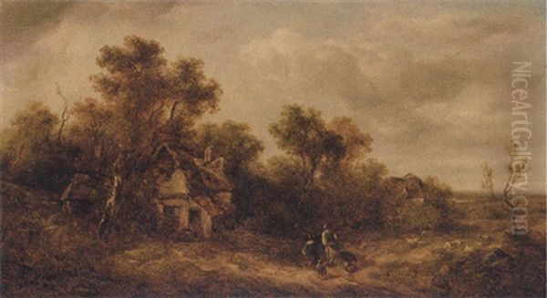 Figures On A Track In A Wooded Landscape, A Cottage Beyond Oil Painting by Richard H. Hilder