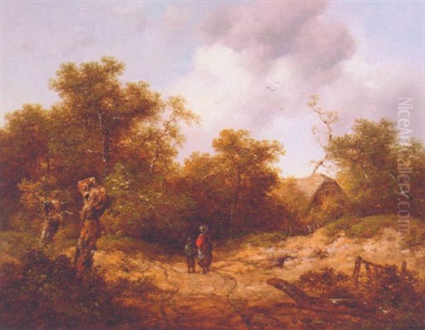 Countryfolk On A Wooded Lane, A Cottage Beyond Oil Painting by Richard H. Hilder