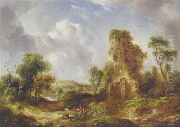 Travellers Resting Before A Church Ruin Oil Painting by Richard H. Hilder