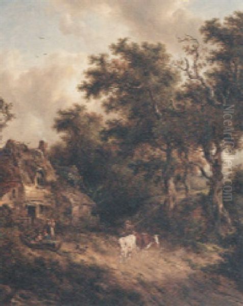 A Wooded Landscape With Countryfolk And Cattle On A Path, Beside A Cottage Oil Painting by Richard H. Hilder