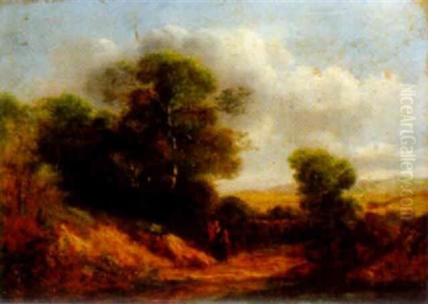 A Country Landscape With Figures By A Pond In The Foreground Oil Painting by Richard H. Hilder