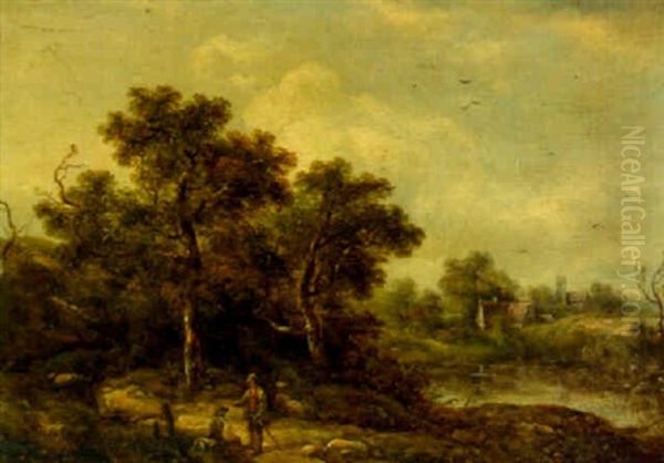 Figures On A Path Before A Village Pond Oil Painting by Richard H. Hilder