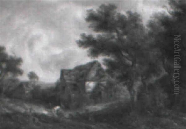 A Wooded Landscape With A Drover And Cattle By A Barn Oil Painting by Richard H. Hilder