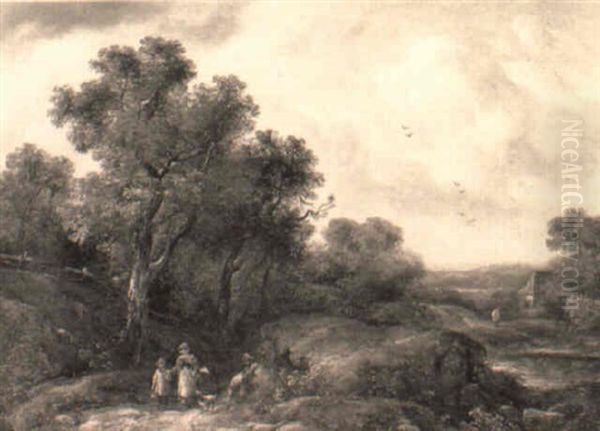 A Wooded Landscape With Figures And A Dog On A Path Oil Painting by Richard H. Hilder