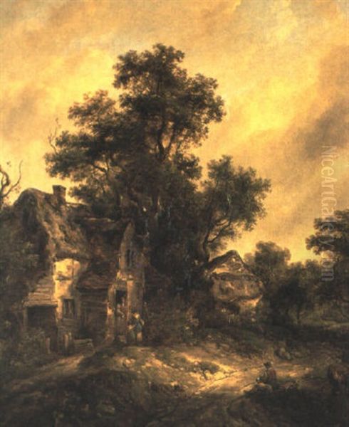 Wooded Landscape With Figures By A Cottage Oil Painting by Richard H. Hilder