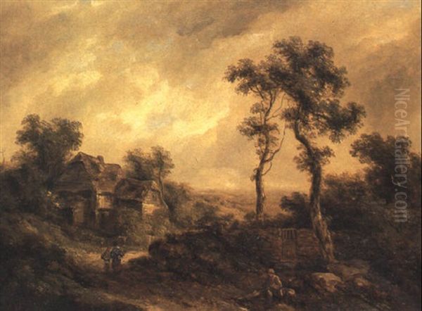 Wooded Landscape With Figures Nearing A Cottage Oil Painting by Richard H. Hilder