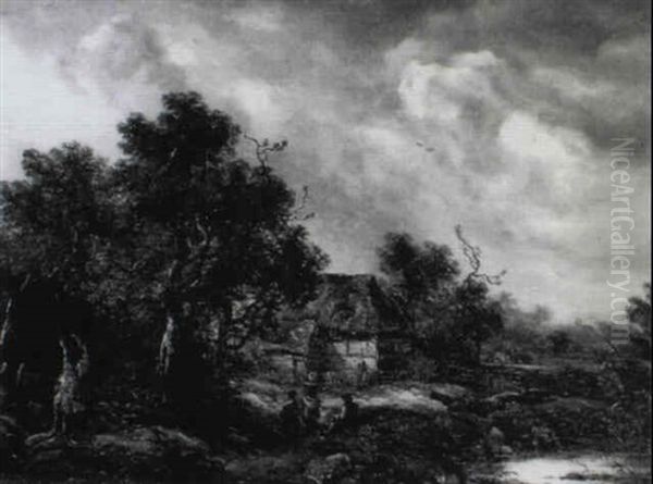 A Wooded Landscape With Figures On A Track By A Cottage Oil Painting by Richard H. Hilder