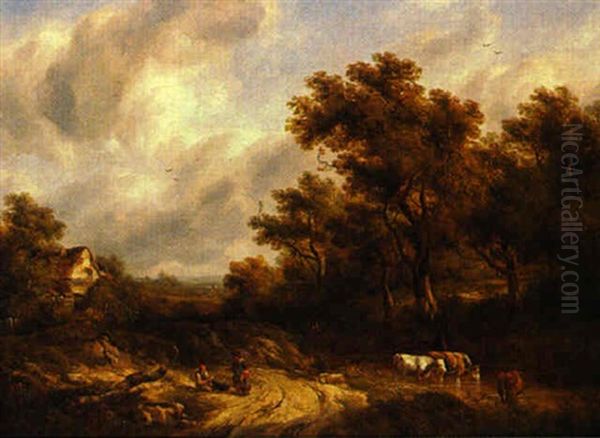 Wooded Landscape With Cattle Watering Oil Painting by Richard H. Hilder