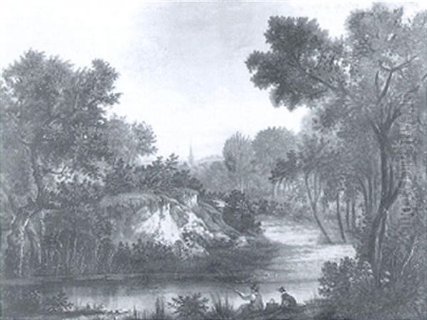 A Wooded River Landscape With An Angler And Dog On A Bank by Richard H. Hilder