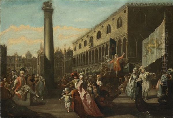 Scena Animata In Piazza San Marco Con Ciarlatano, Personaggi Settecenteschi E Mercanti Turchi Oil Painting by Carl Hilders