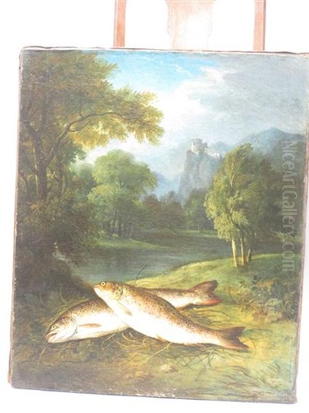 Two Fish On A Riverbank, A Wooded Landscape With Castle Beyond Oil Painting by George Hilditch