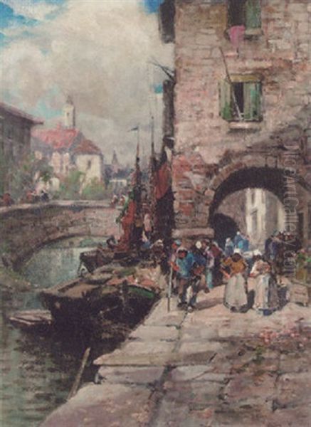 Figures On A Quay Oil Painting by Frederick John Bartram Hiles