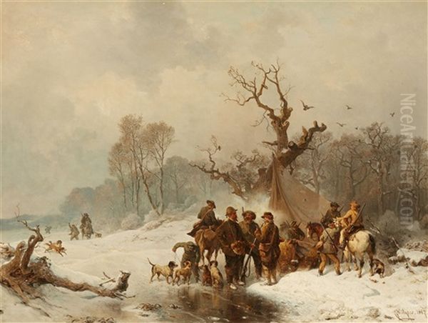 Snowy Scene With A Hunters' Camp Oil Painting by Carl Hilgers