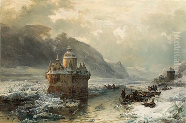 The Pfalz Near Kaub In Winter Oil Painting by Carl Hilgers