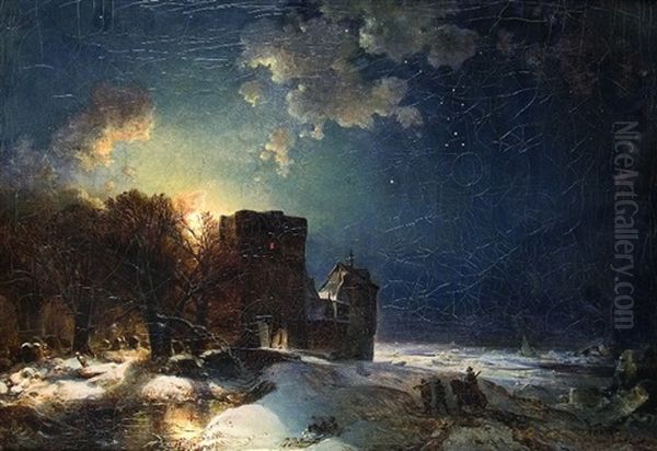 Wintry Moonlit Night Oil Painting by Carl Hilgers