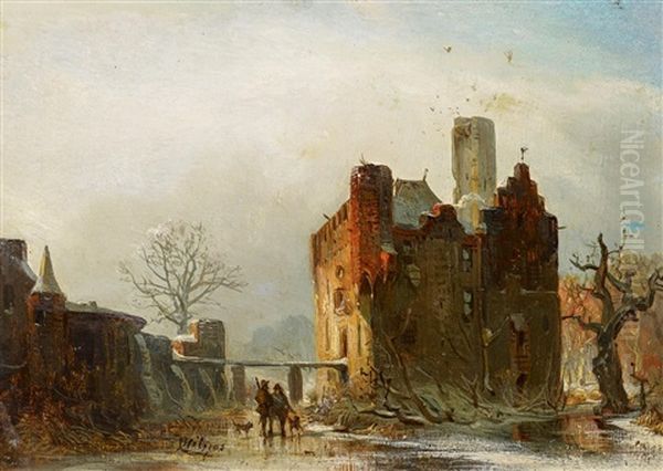 Jager Auf Dem Eis Vor Einer Burgruine Oil Painting by Carl Hilgers