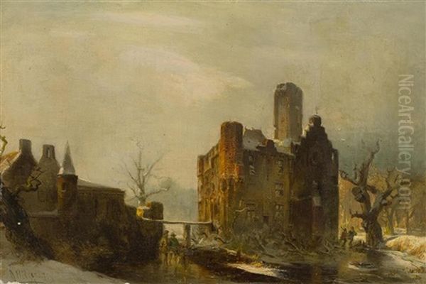 Casteel Dornebourg With Figures In The Winter Oil Painting by Carl Hilgers