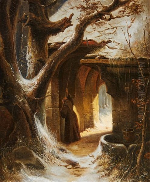 A Cloister In Winter With A Monk Ringing The Oil Painting by Carl Hilgers