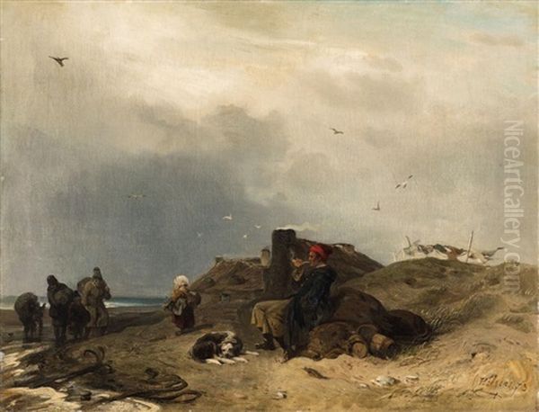 Beach Scene With A Pipe Smoker by Carl Hilgers