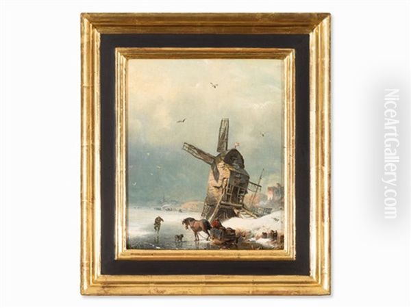 Windmill In The Snow Oil Painting by Carl Hilgers