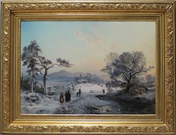 Winterlandschaft In Der Abendrote Mit Schlittschuhlaufern Und Wanderern Oil Painting by Carl Hilgers