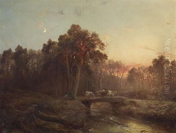 Abendliche Waldlandschaft Mit Hirte Und Seiner Herde Oil Painting by Carl Hilgers