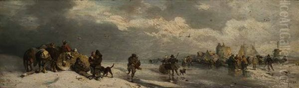 Wintervergnugen Auf Dem Eis, Im Hintergrund Eine Hollandische Stadt Oil Painting by Carl Hilgers