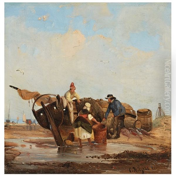 Coastal View With Fishermen Oil Painting by Carl Hilgers