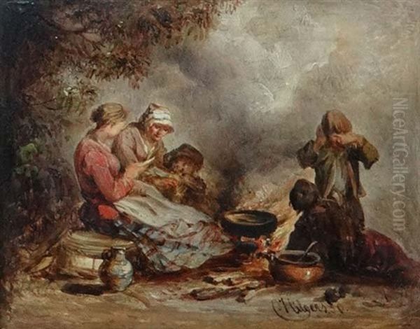 Family Cooking By An Open Fire In A Forest Glade Oil Painting by Carl Hilgers