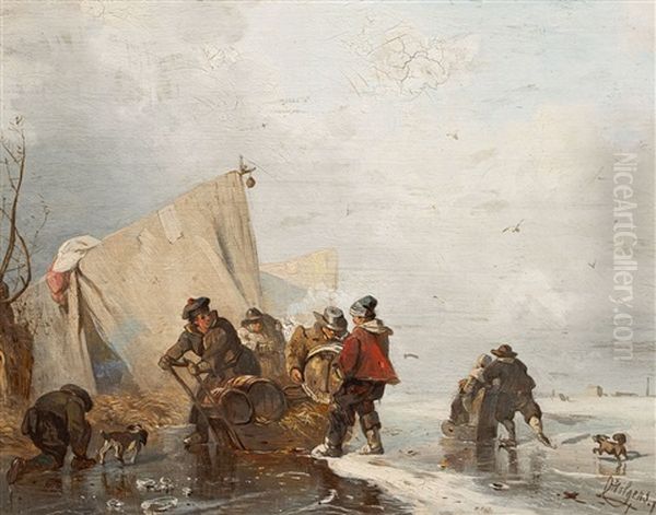 Winter Landscape With Figures On The Ice Oil Painting by Carl Hilgers