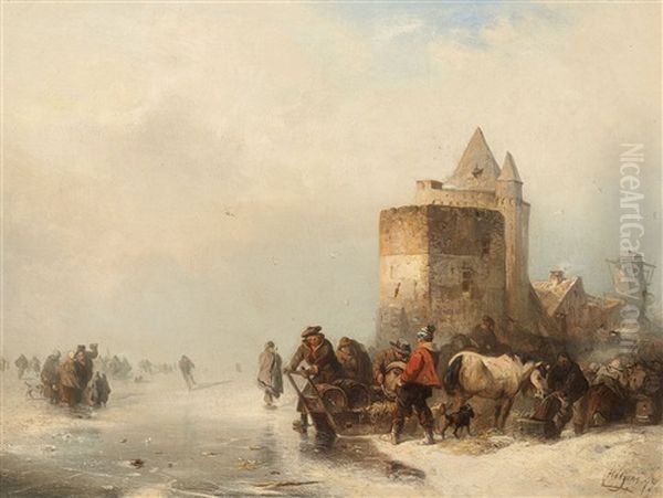 A Frozen Waterway With Figures On The Ice Oil Painting by Carl Hilgers