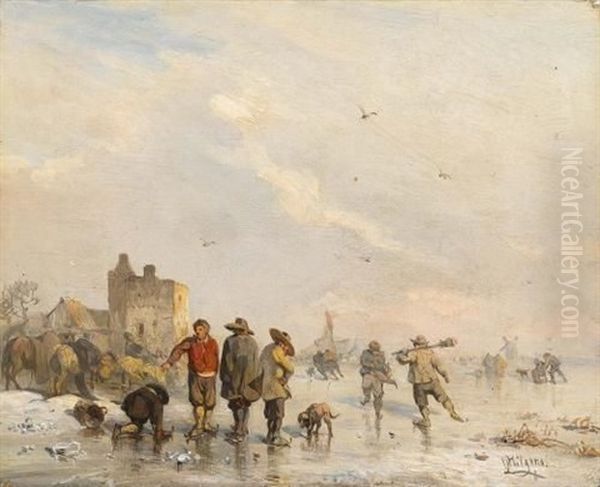 Auf Dem Eise. Schlittschuhlaufer Auf Einem Kanal Oil Painting by Carl Hilgers