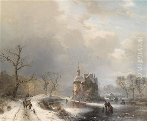 Winterlandschaft Mit Eislaufern Und Jagdgesellschaft Oil Painting by Carl Hilgers