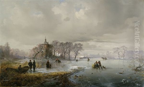 Hollandische Winterlandschaft Mit Schlittschuhlaufern Auf Einem Zugefrorenen Flus Oil Painting by Carl Hilgers