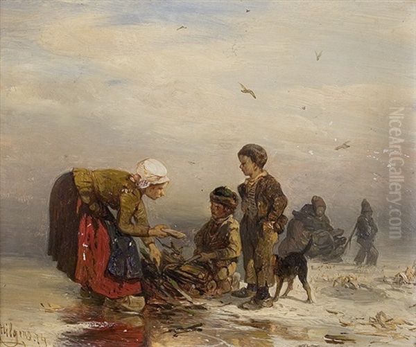 With The Children On The Iced Lake Oil Painting by Carl Hilgers