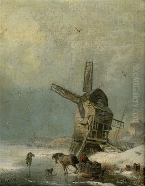 Winterlandschaft Mit Schlittschuhlaufer Und Pferdeschlitten Auf Einem Zugefrorenen Flus Bei Einer Muhle Oil Painting by Carl Hilgers