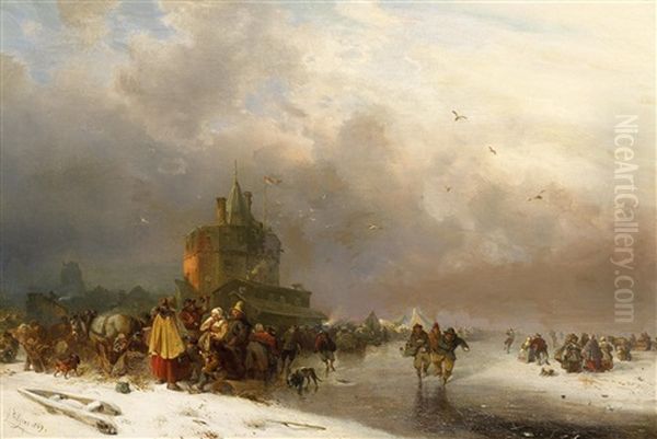 Auf Dem Eise. Zahlreiche Personen Vergnugen Sich Auf Zugreforenem Kanal. Im Hintergrund Die Silhouette Einer Wehrhaften Stadt Oil Painting by Carl Hilgers